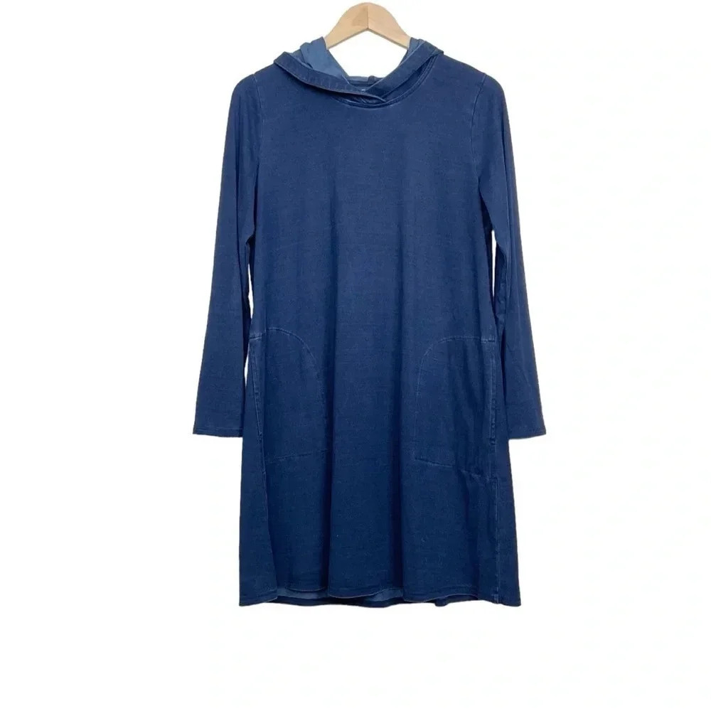 Purejill Indigo Hooded Shirt Dress Long Sleeve Pockets Size Small